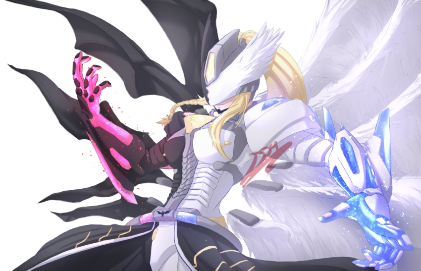 1girl angel_wings armor black_armor black_cape blonde_hair braid breasts cape closed_mouth covered_eyes cowboy_shot demon_wings detached_wings digimon digimon_(creature) drako9 english_commentary gauntlets hand_up helmet high_ponytail large_breasts long_hair mask mastemon mismatched_wings shoulder_armor sidelocks signature single_braid smile solo transparent_background waist_cape white_armor winged_helmet wings