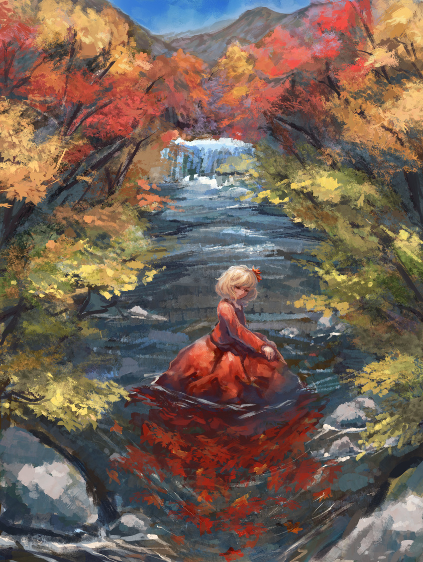 1girl absurdres aki_shizuha autumn autumn_leaves blonde_hair closed_mouth hair_ornament highres leaf leaf_hair_ornament long_sleeves maple_leaf nanaironokabi red_shirt red_skirt river shirt short_hair skirt solo touhou yellow_eyes