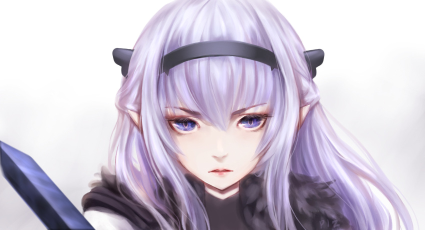 1girl blue_eyes fur_trim headband highres long_hair looking_at_viewer pixiv_fantasia pixiv_fantasia_last_saga plz_qinbo portrait simple_background solo sword weapon white_background white_hair zera_the_hornless_empress