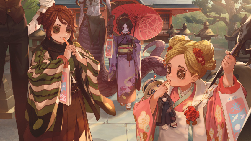 1boy 2girls absurdres blonde_hair brown_hair button_eyes character_request festival highres identity_v japanese_clothes kimono multiple_girls official_art outdoors shichi-go-san