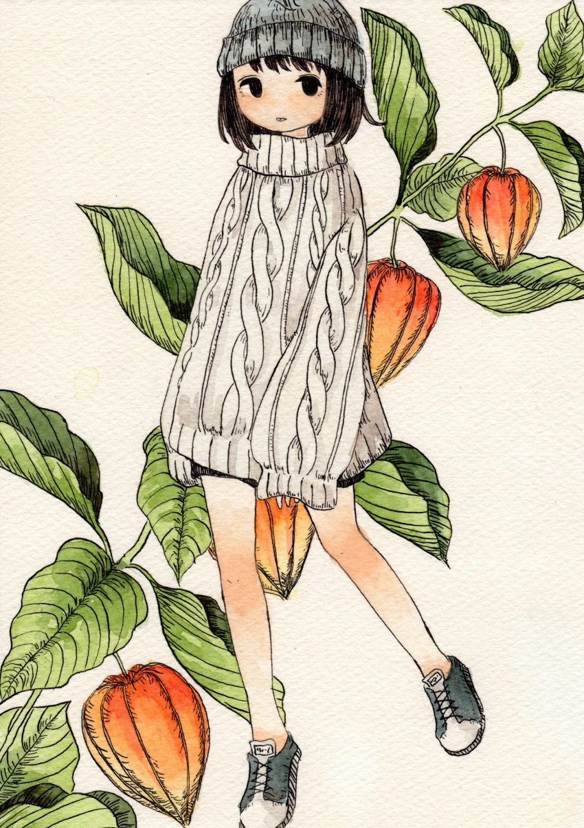 1girl absurdres black_eyes black_hair chinese_lantern_(plant) fujitoma full_body grey_footwear grey_headwear highres looking_at_viewer original painting_(medium) simple_background skullcap sleeves_past_wrists solo standing sweater traditional_media watercolor_(medium) white_sweater