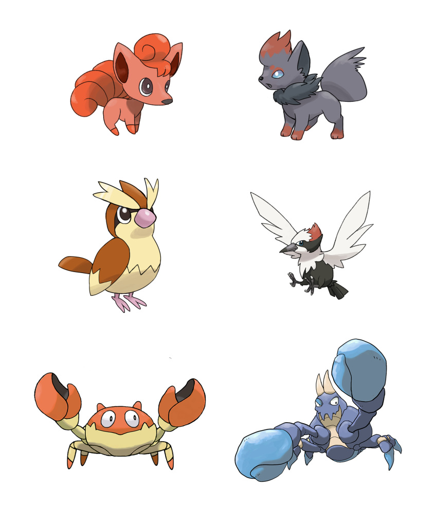 6+others bird crab crabrawler foxeaf full_body highres krabby multiple_others no_humans parody pidgey pikipek pokemon pokemon_(creature) retro_artstyle simple_background source_request style_parody sugimori_ken_(style) vulpix white_background zorua