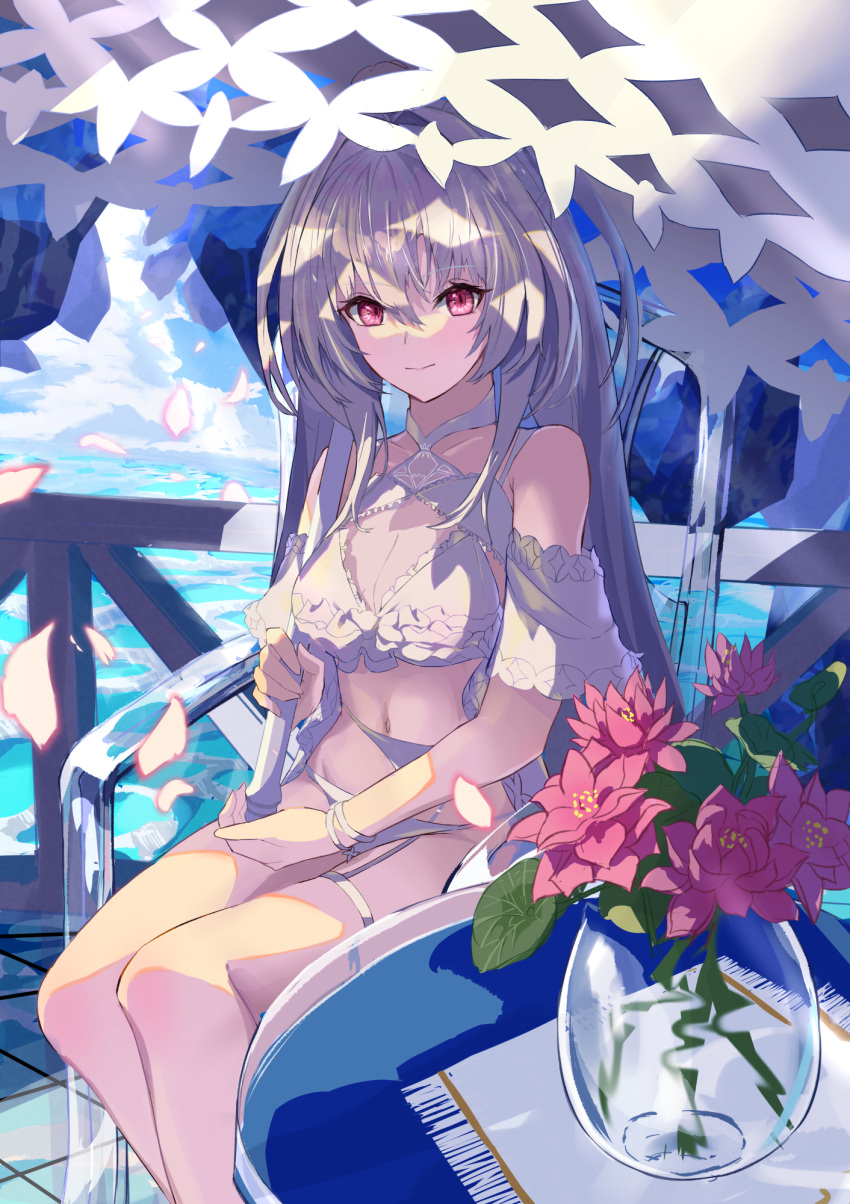 1girl bikini fate/grand_order fate_(series) flower frilled_bikini frills highres holding holding_umbrella innertube lady_avalon_(fate) looking_at_viewer merlin_(fate/prototype) ocean oramustat parasol red_eyes sitting smile solo swimsuit umbrella white_bikini white_hair white_umbrella