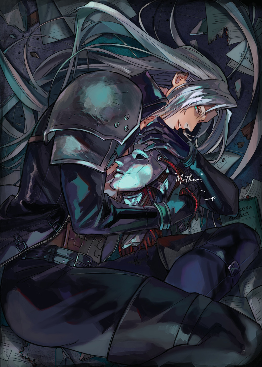 1boy absurdres alien aqua_eyes armor bangs black_gloves black_jacket black_pants feet_out_of_frame final_fantasy final_fantasy_vii final_fantasy_vii_remake gloves grey_hair high_collar highres holding_head jacket jenova long_hair long_sleeves male_focus pants parted_bangs parted_lips sekiyu_0h sephiroth shoulder_armor solo