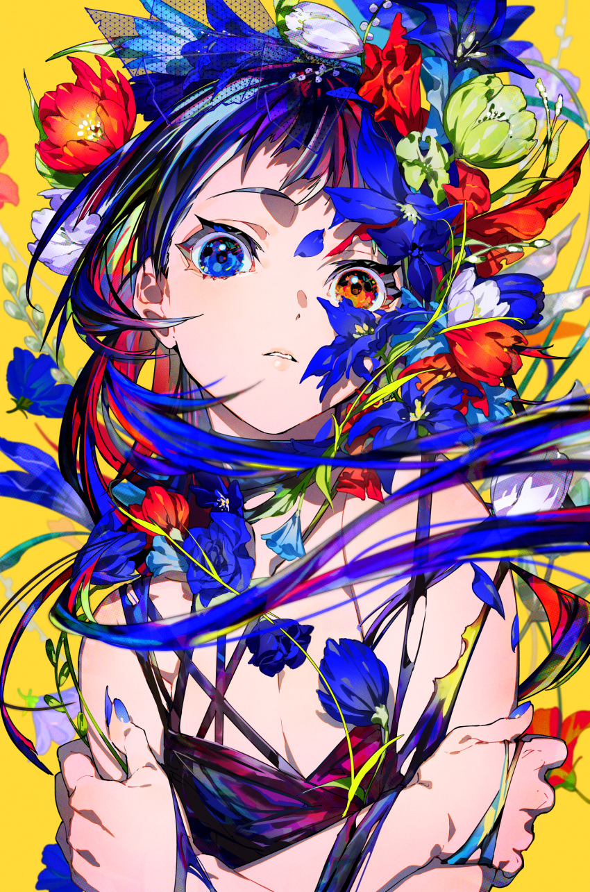 1girl absurdres bangs bare_arms bare_shoulders black_dress blue_eyes blue_flower blue_hair blue_nails blue_rose breasts cleavage commentary_request dress floating_hair flower green_flower hetero highres long_hair looking_at_viewer medium_breasts mika_pikazo nail_polish original parted_lips petals red_eyes red_flower red_rose rose simple_background sleeveless sleeveless_dress solo upper_body very_long_hair white_flower yellow_background