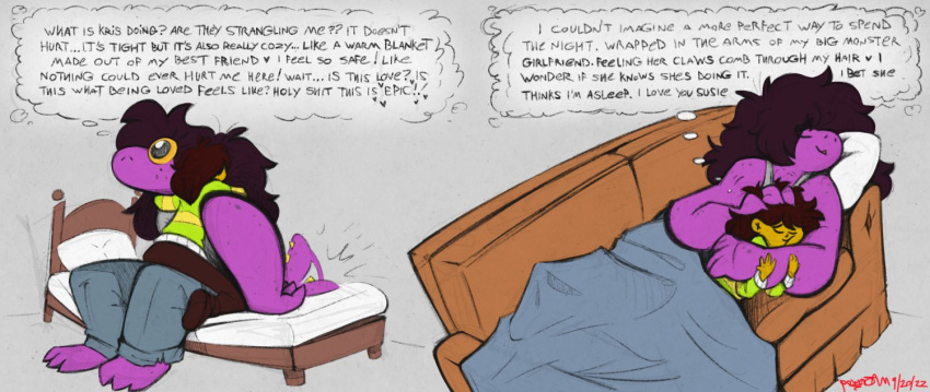 2022 ambiguous_gender anthro bed bedding blanket clothed clothing dated deltarune duo embrace english_text female female/ambiguous furniture happy hug human kris_(deltarune) larger_anthro larger_female lizard lying mammal on_bed on_lap on_side on_sofa powerjam purple_body reptile romantic romantic_couple scalie sitting size_difference smaller_ambiguous smaller_human sofa susie_(deltarune) tail_motion tailwag text thought_bubble undertale_(series) video_games yellow_eyes