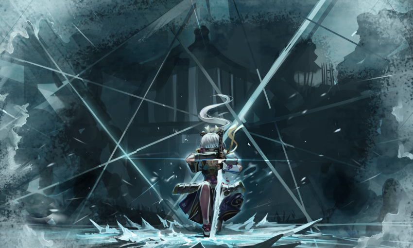 1girl armor black_gloves blue_eyes blue_jacket blue_skirt breastplate building commentary_request cryokinesis dokomon english_commentary fingerless_gloves floating_hair genshin_impact gloves highres holding holding_sword holding_weapon ice jacket kamisato_ayaka katana long_hair looking_at_viewer one_knee pleated_skirt ponytail short_sleeves skirt solo sword very_long_hair weapon white_hair wide_sleeves