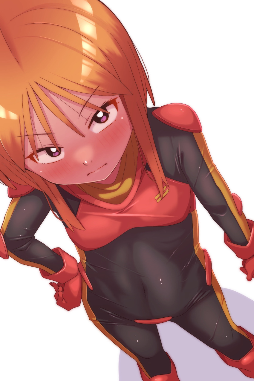 1girl absurdres angry blush bright_pupils covered_navel eyebrows_hidden_by_hair from_above gundam gundam_zz hand_on_hip highres looking_at_viewer onimaru_(onimal7802) orange_hair pilot_suit purple_eyes puru_two shadow shiny shiny_hair short_hair sidelocks simple_background solo white_background white_pupils