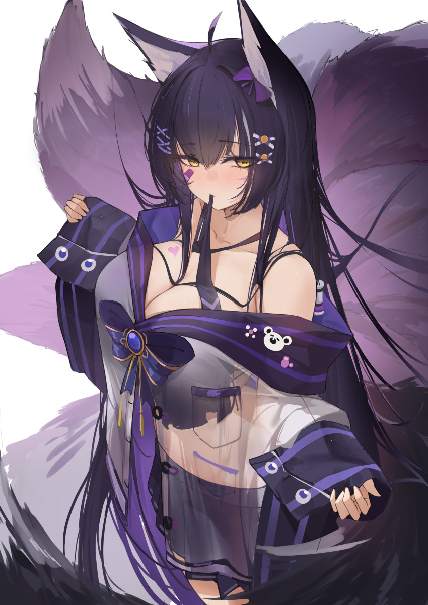 1girl a_fangfang_fang_fang absurdres adapted_costume ahoge animal_ears azur_lane bandaid bandaid_on_face bangs bare_shoulders black_hair black_necktie black_skirt blue_bow blue_gemstone blush bow breasts chest_tattoo cleavage cowboy_shot facial_mark fox_ears fox_girl fox_tail gem hair_between_eyes hair_bow hair_ornament hairclip heart heart_tattoo highres kitsune large_breasts long_hair looking_at_viewer miniskirt mouth_hold multiple_tails musashi_(azur_lane) necktie necktie_in_mouth off_shoulder pleated_skirt pocket purple_bow school_uniform see-through see-through_shirt sidelocks simple_background skirt sleeves_past_wrists solo tail tattoo very_long_hair whisker_markings white_background wide_sleeves x_hair_ornament yellow_eyes