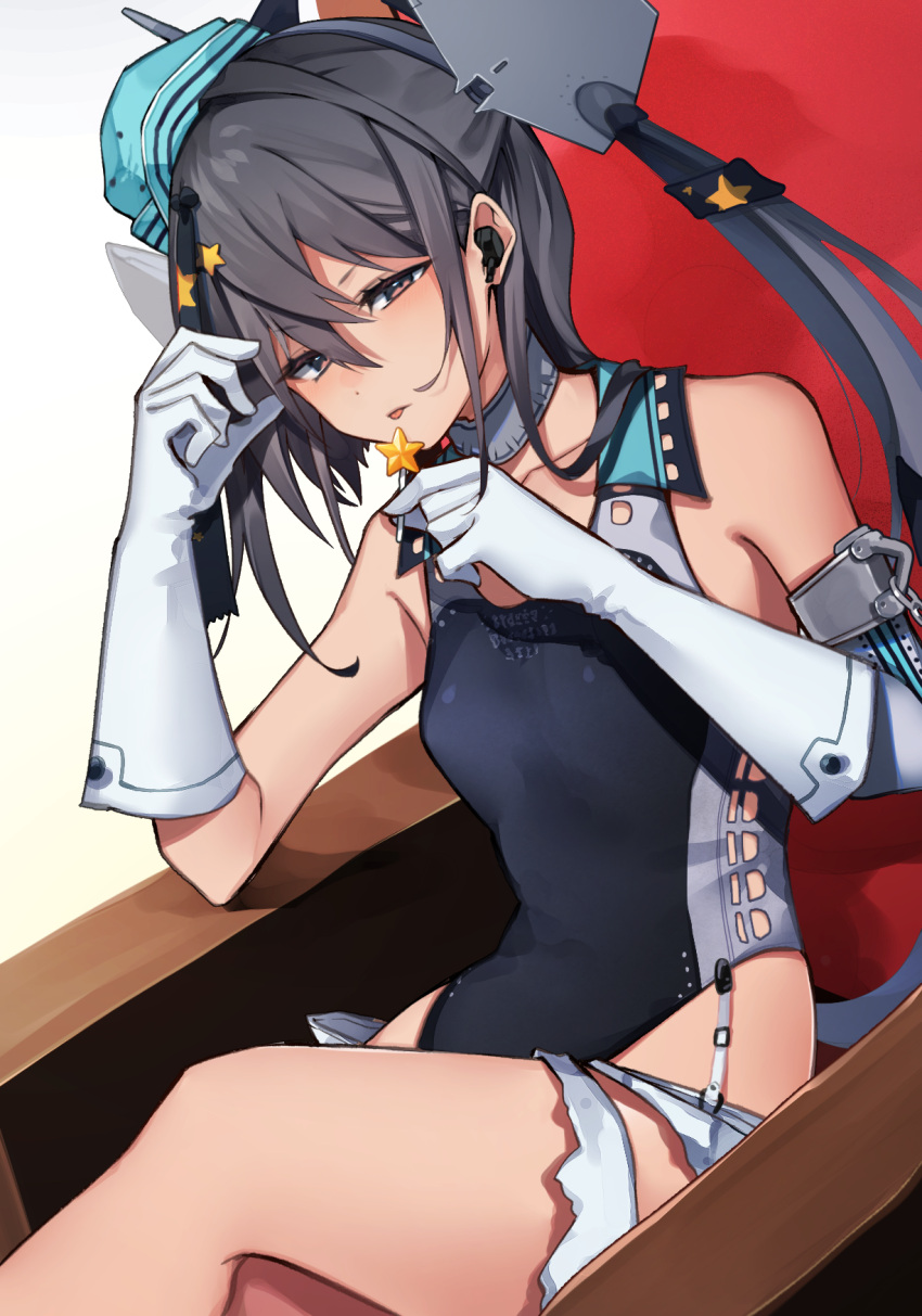1girl aqua_headwear black_one-piece_swimsuit black_ribbon candy competition_swimsuit food garrison_cap gloves grey_eyes grey_hair hair_ornament hair_ribbon hat headgear highleg highleg_swimsuit highres holding holding_candy holding_food kantai_collection katsuobushi_(eba_games) long_hair looking_at_viewer multicolored_clothes multicolored_swimsuit one-piece_swimsuit ribbon scamp_(kancolle) side_ponytail sitting solo star_(symbol) star_hair_ornament swimsuit two-tone_one-piece_swimsuit white_gloves
