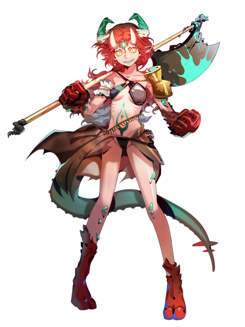 1girl absurdres arm_garter armor axe bikini_armor black_panties blood blood_on_weapon blue_blood blue_gemstone blue_hair blue_pupils blue_tongue breasts chinese_commentary circlet claws clenched_hand collarbone colored_eyelashes colored_tongue commentary_request crack dragon_girl dragon_horns dragon_tail eromkk faulds full_body gem glowing glowing_eyes gradient_hair highres hooves horns legs_apart loincloth long_hair looking_at_viewer midriff monster_girl multicolored_hair multiple_horns navel o-ring open_mouth original over_shoulder panties pauldrons pointy_ears red_hair scales sharp_teeth shoulder_armor simple_background single_pauldron skinny slit_pupils smile solo standing stomach_tattoo stylized_blood tail tattoo teeth two-tone_hair underboob underwear weapon weapon_over_shoulder white_background yellow_eyes