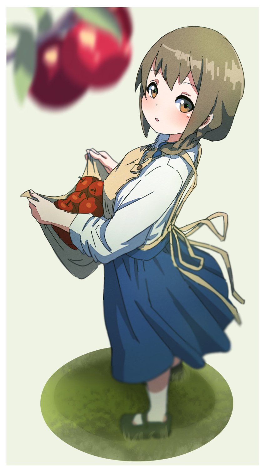 1girl :o apple apron apron_basket bangs black_footwear blue_bow blue_skirt blurry blurry_foreground blush borrowed_character bow braid brown_apron brown_eyes brown_hair commentary_request depth_of_field food from_side fruit full_body grass grey_background hair_bow hair_over_shoulder highres kuro_kosyou long_hair long_sleeves looking_at_viewer looking_to_the_side original parted_lips pleated_skirt red_apple shirt shoes simple_background single_braid skirt solo standing white_shirt