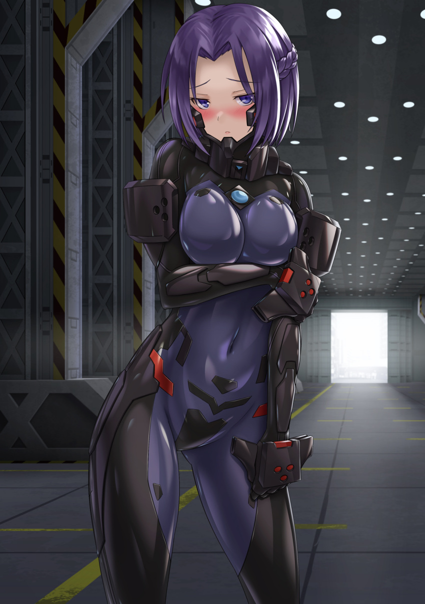 1girl bangs black_bodysuit black_gloves blush bodysuit braid commission crown_braid embarrassed fortified_suit gloves hangar highres holding_own_arm impossible_bodysuit impossible_clothes jun_(princess_connect!) kurione_(zassou) leaning_to_the_side looking_at_viewer muvluv muvluv_alternative navel parted_bangs princess_connect! purple_hair short_hair skeb_commission skin_tight solo