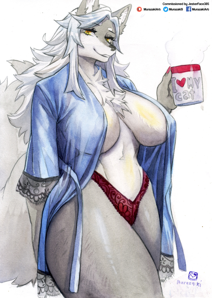 absurd_res anthro big_breasts breasts canid canine canis chest_tuft clothed clothing container cup female fur grey_body grey_fur hi_res holding_cup holding_object mammal murazaki open_clothing open_robe panties robe solo thick_thighs tuft underwear wolf
