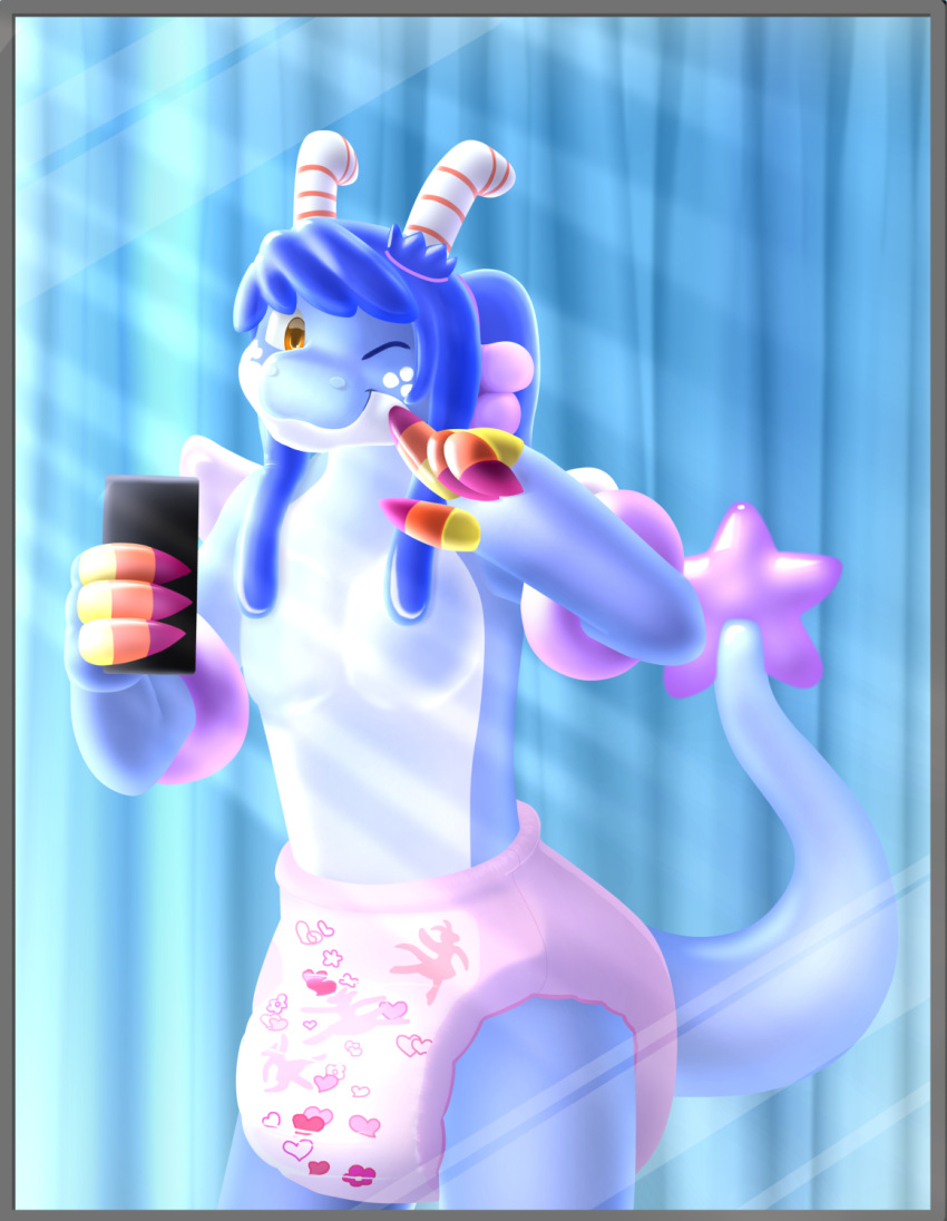 angel_dragon animate_inanimate anthro binkyroom cellphone chrissy_(zoran) curtains diaper dragon female gesture hi_res holding_cellphone holding_object holding_phone inflatable living_inflatable looking_at_viewer mirror mirror_shine one_eye_closed pattern_diaper phone pointing pointing_at_self pool_toy printed_diaper pull_up rings_on_arms selfie smile solo tail_star wink winking_at_viewer