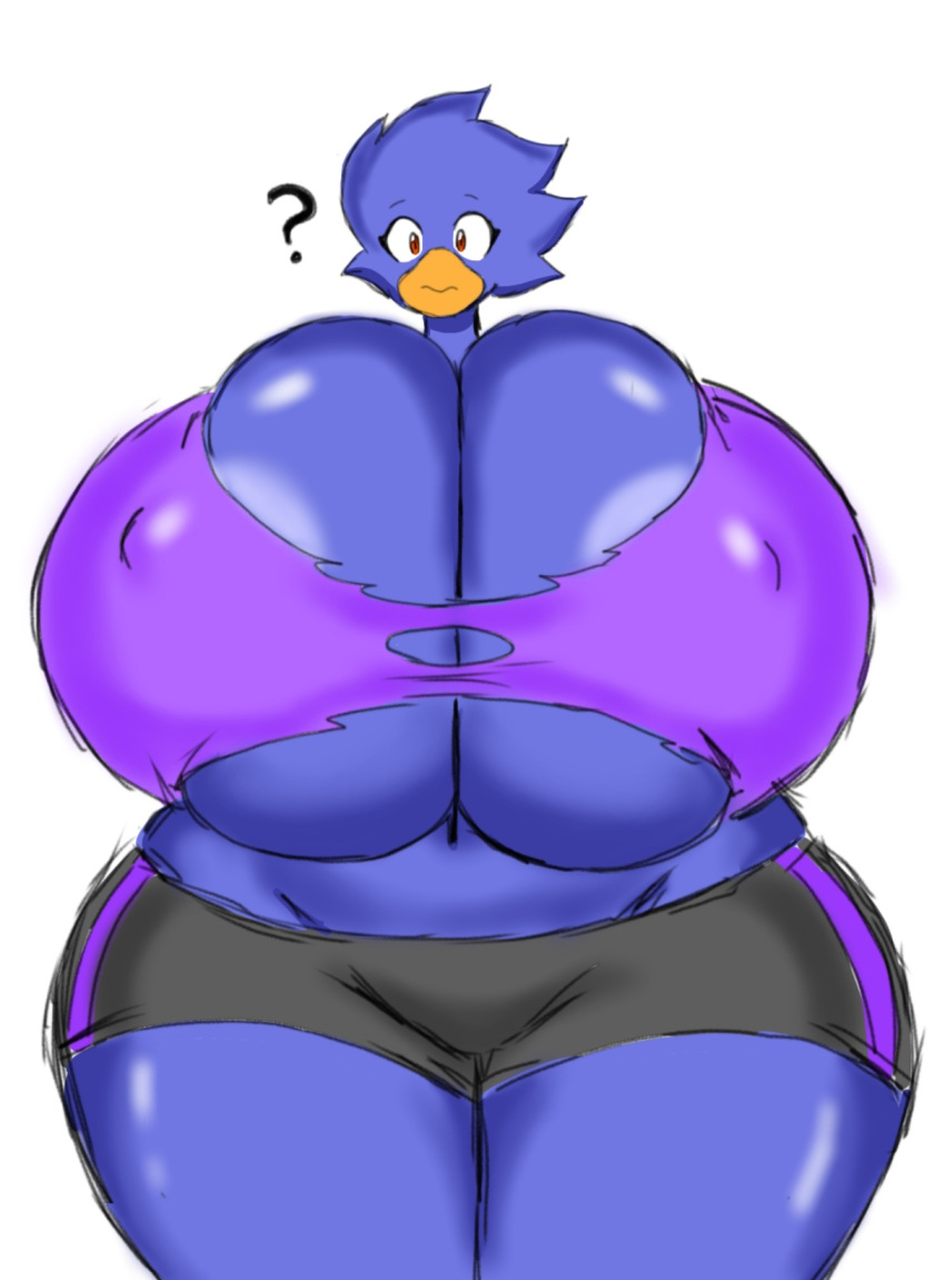 anthro avian bird blue_body bottomwear breasts busty_bird cleavage clothed clothing female front_view hi_res hotpants light_nipples monhuter10 navel nipple_slip nipples purple_clothing purple_shirt purple_topwear question_mark red_eyes shirt shorts solo thick_thighs topwear torn_clothing torn_shirt torn_topwear under_boob wide_hips