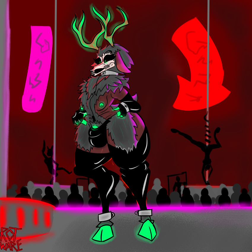 absurd_res american_mythology anthro antlers armwear big_butt bone brown_body bulge butt clothing elbow_gloves fur gloves green_eyes grey_body grey_fur handwear hi_res horn huge_filesize humanoid indigenous_north_american_mythology latex laz_(rot-ware) leash leash_and_collar legwear male mythology nipples north_american_mythology rot_ware_(artist) rubber skull solo strip_club thick_thighs thigh_highs thong underwear wendigo wide_hips