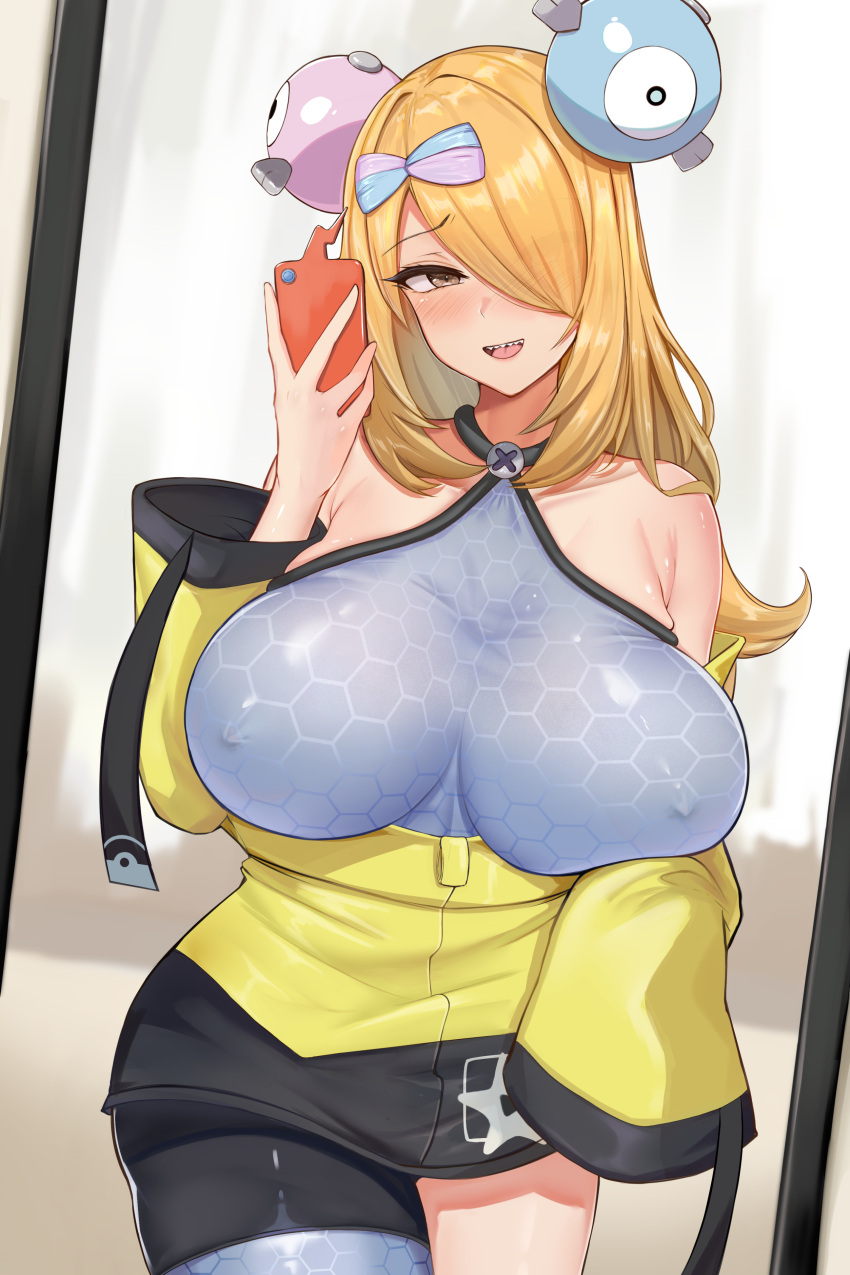 1girl absurdres akamashi alternate_costume blonde_hair breasts character_hair_ornament cosplay cynthia_(pokemon) grey_eyes hair_ornament hair_over_one_eye highres holding holding_phone iono_(pokemon) iono_(pokemon)_(cosplay) jacket large_breasts long_hair mirror phone pokemon pokemon_(game) pokemon_dppt pokemon_sv solo taking_picture very_long_hair wavy_hair yellow_jacket