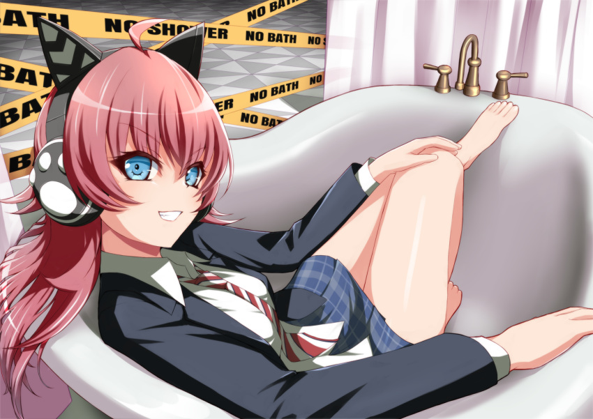 1girl ahoge animal_ear_headphones animal_ears arm_rest bang_dream! bangs bare_legs barefoot bathtub black_jacket blazer blue_eyes blue_skirt breasts cat_ear_headphones caution_tape collared_shirt commentary_request curtains diagonal-striped_necktie empty_bathtub fake_animal_ears fang from_behind grin hand_on_own_knee hands_up headphones hiraken indoors jacket knee_up leg_up long_hair looking_at_viewer looking_back medium_breasts miniskirt necktie open_clothes open_jacket parted_lips plaid plaid_skirt pleated_skirt reclining red_hair red_necktie school_uniform shirt skirt smile solo tamade_chiyu v-shaped_eyebrows white_shirt