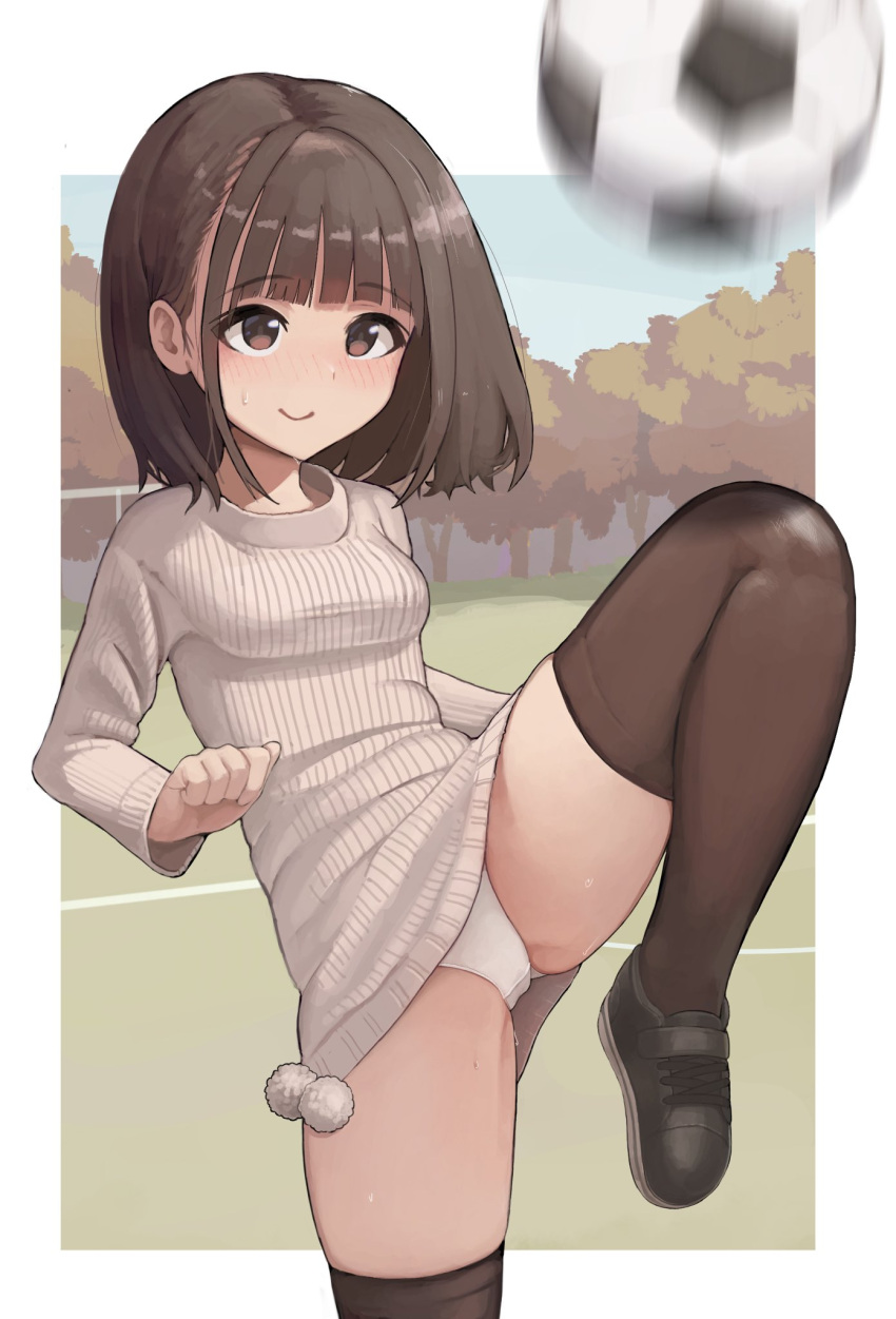 1girl ball bangs black_hair black_thighhighs blunt_bangs blush breasts brown_eyes brown_hair dress highres long_sleeves original outdoors panties ribbed_sweater shoes short_dress short_hair small_breasts smile soccer_ball solo susu_(ysy) sweat sweater sweater_dress thighhighs thighs underwear white_panties