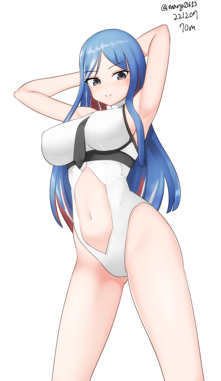 1girl absurdres adapted_costume arm_behind_head black_necktie blue_hair breasts cowboy_shot highleg highleg_leotard highres kantai_collection large_breasts leotard long_hair maru_(marg0613) multicolored_hair navel_opening necktie one-hour_drawing_challenge red_hair simple_background solo south_dakota_(kancolle) star_(symbol) white_background white_hair white_leotard