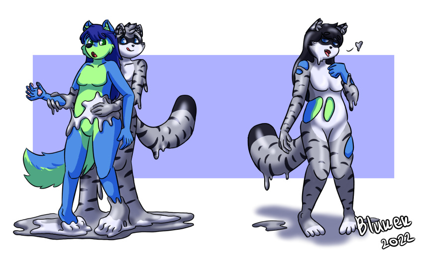 anthro blukek canid canine canis domestic_cat duo felid feline felis goo_creature goo_transformation hi_res male male/male mammal matt_(blukek) melting merging rubber scootch_the_raccoon tabby_cat transformation transformation_sequence wolf