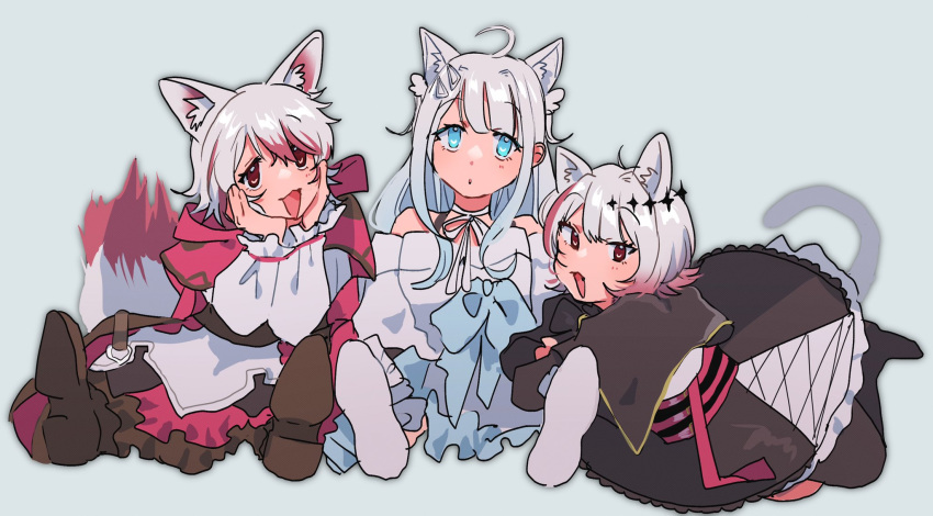 agya amatsuka_uto animal_ears black_footwear blue_hair bow bowtie cat_ears cat_tail dtto. fox_ears fox_tail highres indie_virtual_youtuber red_eyes red_hood scarz syusetu_kohaku tail utaite_(singer) vee_(vtuber) virtual_youtuber white_hair