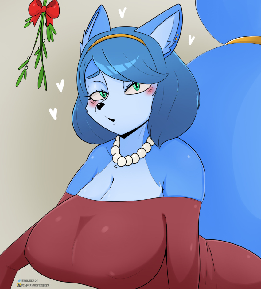 &lt;3 anthro berkthejerk big_breasts blue_body blue_fur blush breasts canid canine cleavage clothed clothing fox fur gem hi_res jewelry krystal mammal mistletoe necklace nintendo pearl_(gem) pearl_necklace plant star_fox video_games