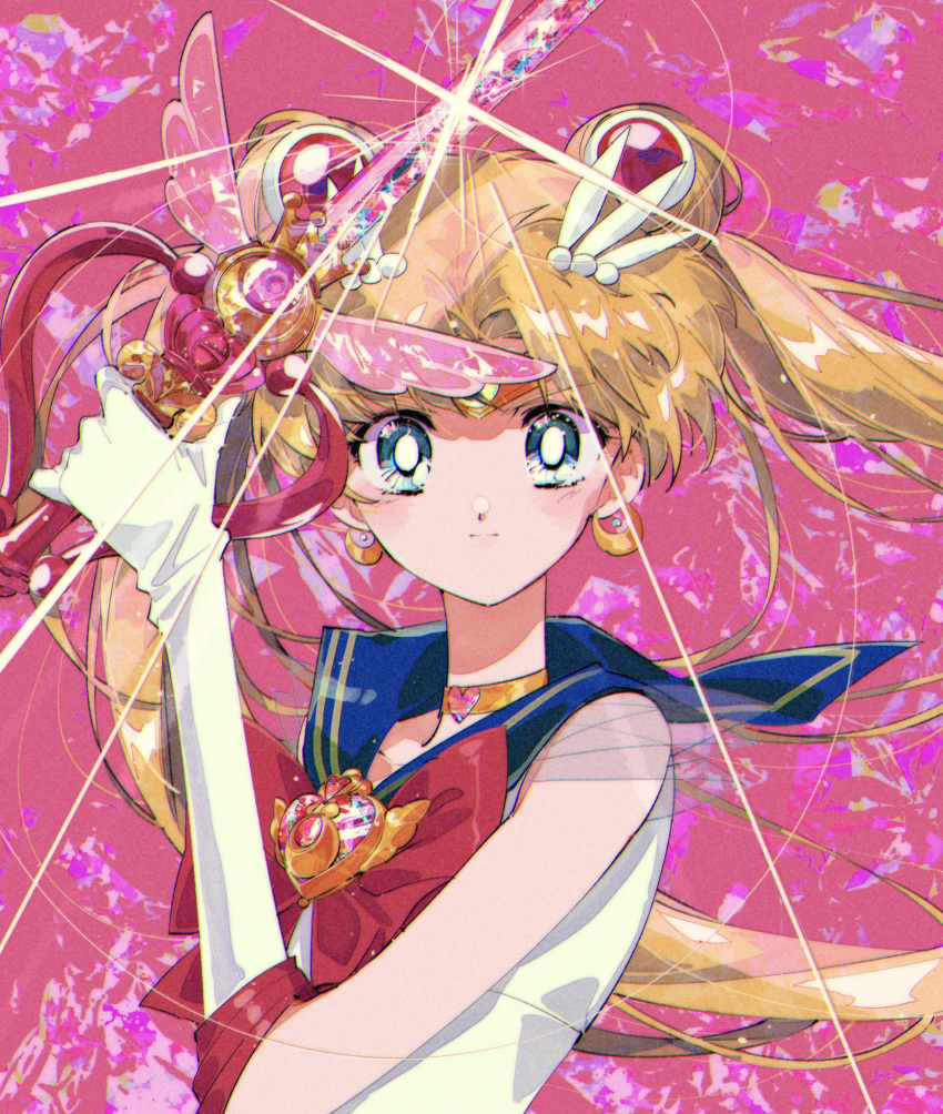 1girl bangs bishoujo_senshi_sailor_moon blonde_hair blue_eyes blue_sailor_collar bow bowtie brooch crescent crescent_earrings double_bun earrings elbow_gloves gem gloves gold_choker hair_bun hair_ornament highres holding holding_wand jewelry long_hair looking_at_viewer magical_girl parted_bangs pink_background pochi_(askas_is_god) red_bow red_bowtie sailor_collar sailor_moon sailor_senshi_uniform see-through see-through_sleeves shirt short_sleeves solo tsukino_usagi twintails upper_body wand white_gloves white_shirt