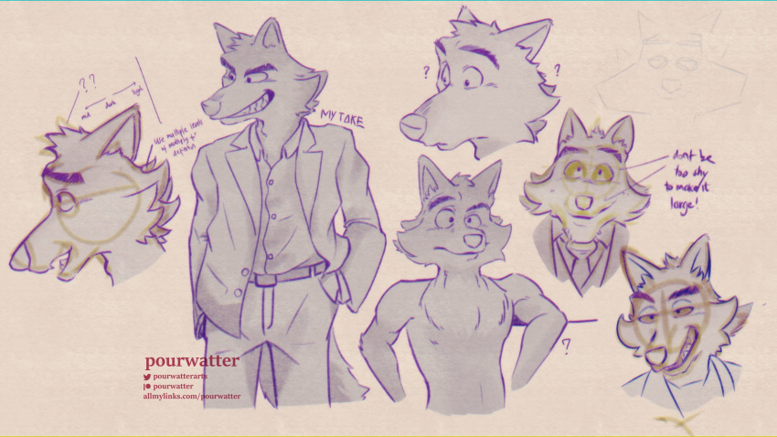 anthro brown_body brown_fur brown_hair canid canine canis clothed clothing dreamworks fur hair hi_res koko2unite male male/male mammal mr._wolf_(the_bad_guys) muscular muscular_anthro muscular_male pourwatter smile the_bad_guys thebadguys topless wolf