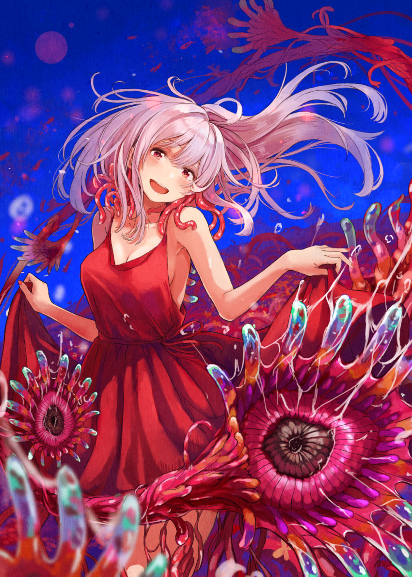 159cm 1girl :d breasts cleavage dress floating_hair head_tilt highres long_hair looking_at_viewer medium_breasts open_mouth original pink_hair red_dress red_eyes skirt_hold smile solo tagme underwater