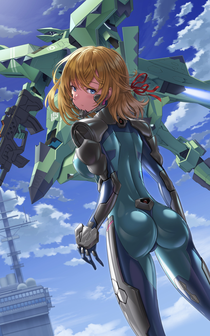 1girl ass bangs black_gloves blonde_hair blue_eyes bodysuit breasts cloud covered_nipples expressionless f-22a_raptor_(muvluv) flying fortified_suit gloves green_bodysuit green_eyes gun hair_behind_ear hair_ribbon highres holding holding_gun holding_weapon kurione_(zassou) looking_at_viewer looking_back looking_up mecha medium_breasts medium_hair muvluv muvluv_alternative open_hand original pilot_suit red_ribbon ribbon robot skin_tight sky tactical_surface_fighter weapon