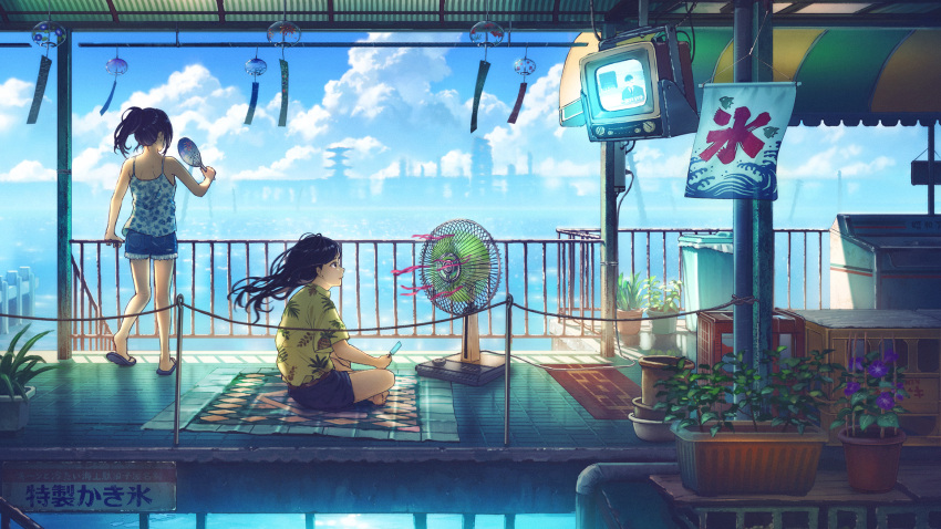 2girls awning black_hair blue_shorts blue_sky camisole cloud cumulonimbus_cloud cutoffs day electric_fan flip-flops food hand_fan hawaiian_shirt highres holding holding_fan holding_food indian_style kooribata long_hair multiple_girls ocean original paper_fan plant ponytail popsicle potted_plant railing revision sandals scenery shirt shirt_tucked_in short_shorts shorts sitting sky standing sugi87 summer television uchiwa wind_chime yellow_shirt