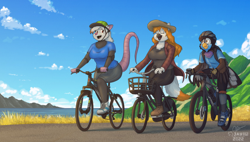 anthro avian bird blue_jay breeze_(drdewott) corvid cycling group gryphon herm hi_res intersex jay_(bird) jay_(sammfeatblueheart) male mammal marsupial mythological_avian mythology new_world_jay on_bike oscine passerine peach_(peachbumz) phalangeriform sammfeatblueheart trio