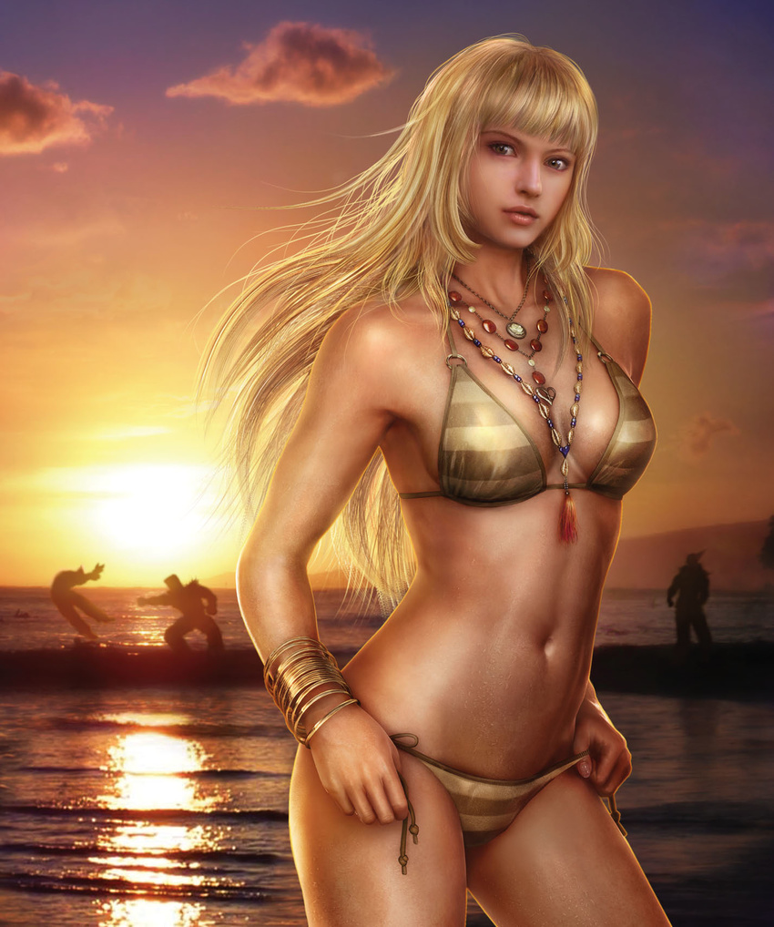 3d amulet artist_request beach bikini blonde_hair brown_eyes brown_swimsuit cloud emilie_de_rochefort evening fight fighting fringe_hair heihachi_mishima highres jewelry kazuya_mishima lili_(tekken) long_hair lots_of_jewelry mishima_heihachi mishima_kazuya necklace ocean official_art paul_phoenix realistic side-tie_bikini striped striped_swimsuit sunset swimsuit tekken water