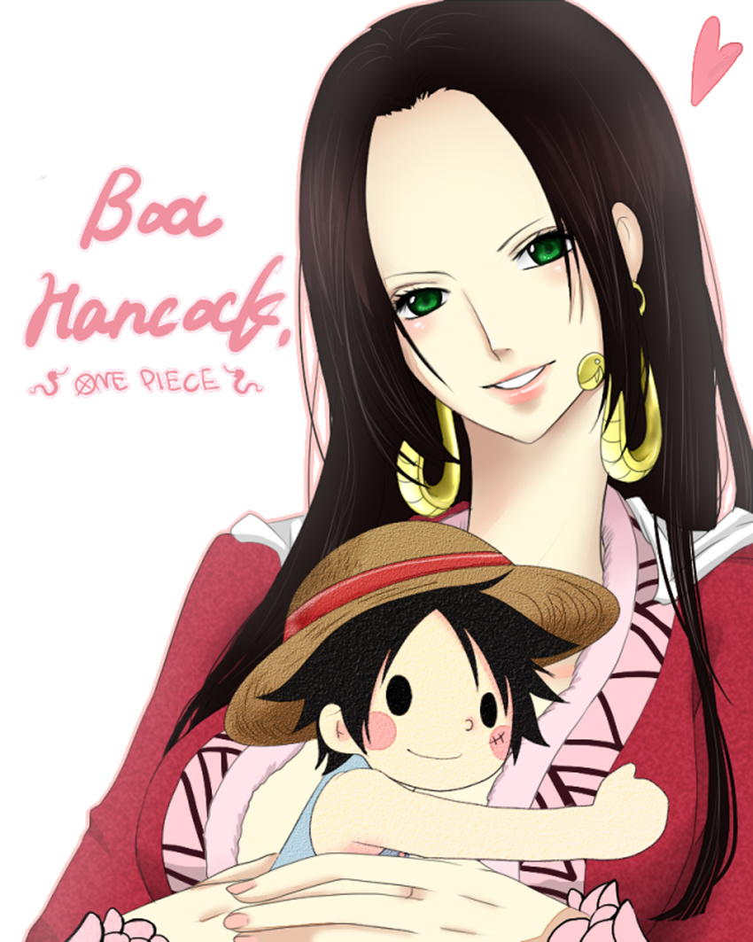 1girl amazon black_hair boa_hancock doll earrings female green_eyes hat highres hug jacket jewelry long_hair monkey_d_luffy one_piece red_jacket scar shichibukai smile stuffed_toy toy