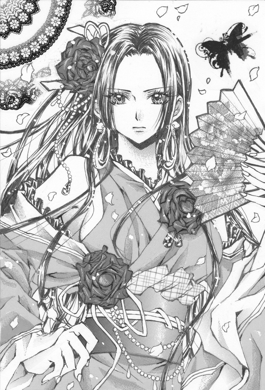 1girl bare_shoulders beads boa_hancock earrings fan female flower folding_fan hand_on_hip highres hips japanese_clothes jewelry kimono lace long_hair looking_at_viewer monochrome one_piece rose solo