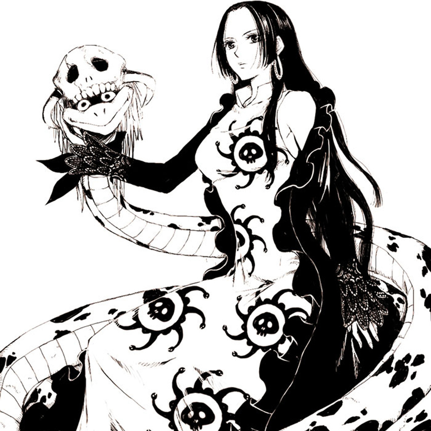 black_and_white boa_hancock dress highres impel_down long_hair monochrome one_piece salome_(one_piece) shichibukai snake