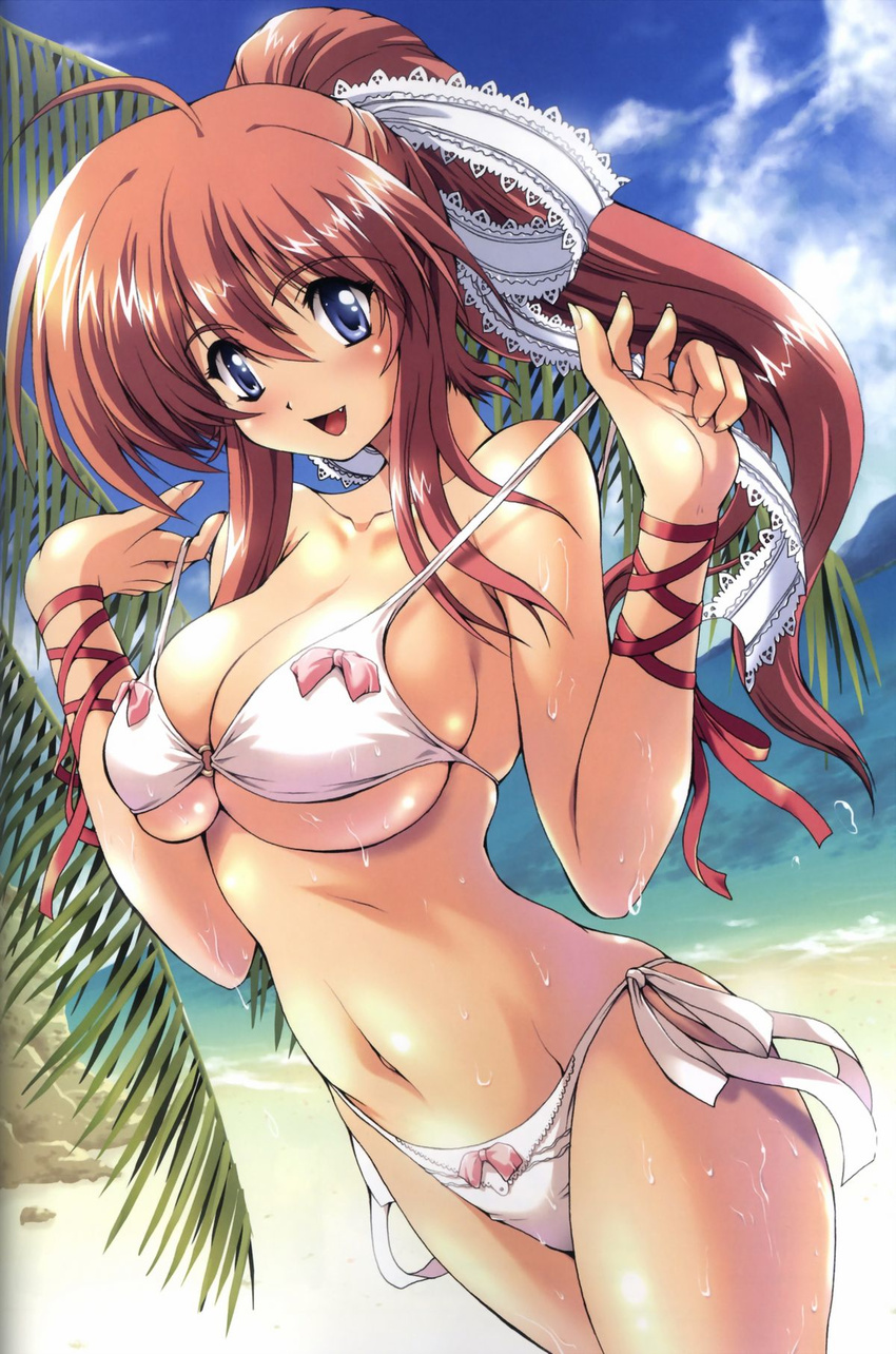 1girl :d ahoge bangs beach bikini blue_eyes blush bow bow_bikini breasts cleavage cloud collarbone dutch_angle fang fingernails girl's_avenue hair_between_eyes hair_ribbon high_ponytail highres lace lace-trimmed_bikini lace-trimmed_ribbon large_breasts leaf long_fingernails looking_at_viewer megami mizunezumi mountain navel o-ring_bikini o-ring_top ocean open_mouth outdoors payot pink_hair ponytail profile ribbon rock scan shiny shiny_hair side-tie_bikini sideboob sidelocks skindentation sky smile solo standing strap_pull string_bikini swimsuit underboob undressing water wet wet_clothes white_bikini white_swimsuit wrist_ribbon