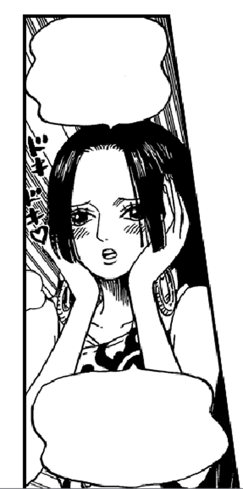 1girl absurdres boa_hancock dress earrings female hair highres impel_down jewelry long long_image monochrome one_piece shichibukai solo speech_bubble tall_image