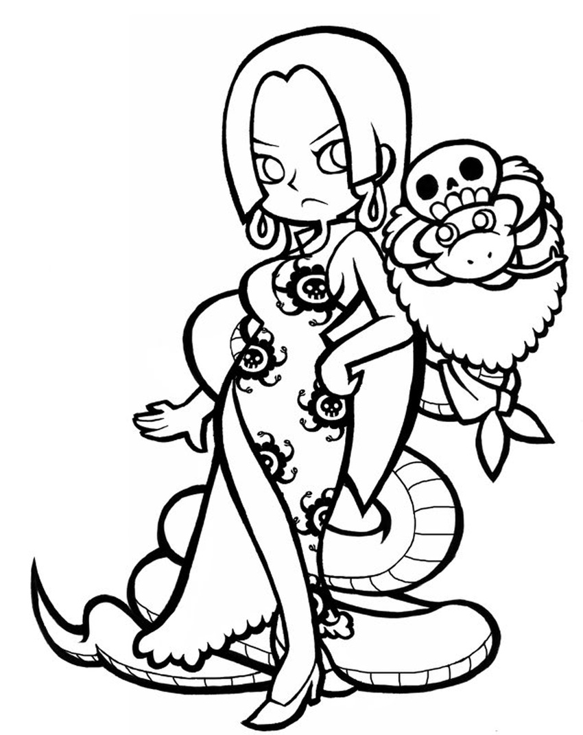 1girl animal bandanna boa_hancock chibi china_dress chinese_clothes dress earrings female high_heels highres horns jewelry jolly_roger marineford one_piece outline pet pirate salome_(one_piece) shichibukai shoes side_slit skull snake solo