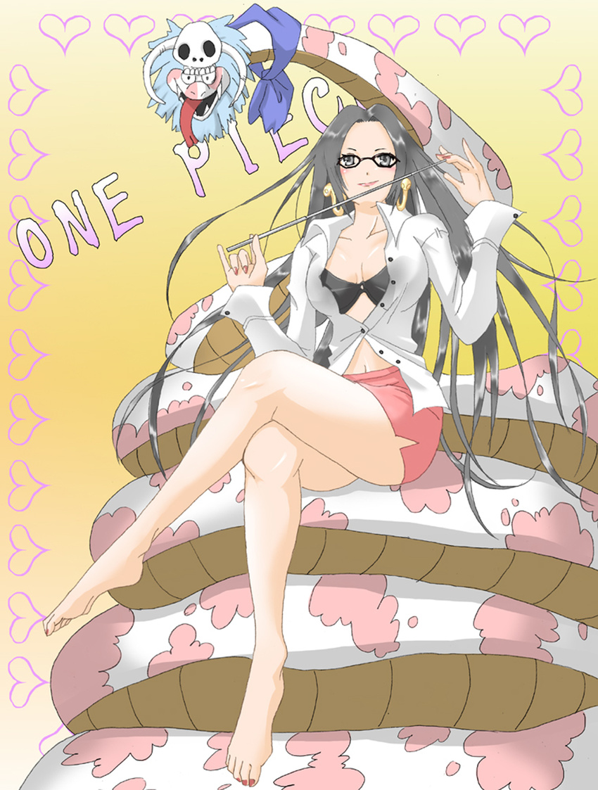 1girl barefoot black_hair blue_eyes blue_hair boa_hancock breasts cleavage earrings female glasses heart highres jewelry long_hair one_piece open_clothes open_shirt salome_(one_piece) shirt simple_background sitting skull snake