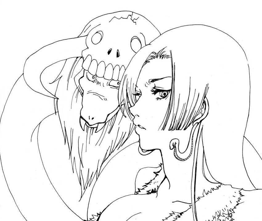 amazon_lily animal boa_hancock breasts cleavage earrings fangs female highres horns jewelry long_hair looking_at_viewer one_piece outline pet salome_(one_piece) shichibukai simple_background skull snake