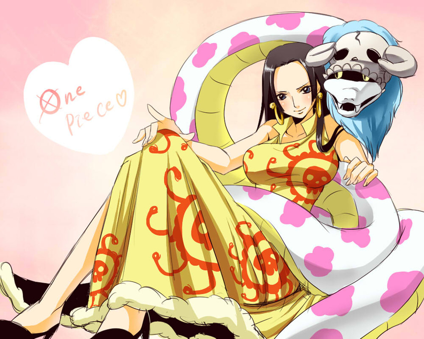 1girl amazon black_hair blue_eyes boa_hancock dress earrings female high_heels highres horns jewelry jolly_roger long_hair looking_at_viewer one_piece pirate salome_(one_piece) shichibukai shoes side_slit sitting skull snake yellow_dress