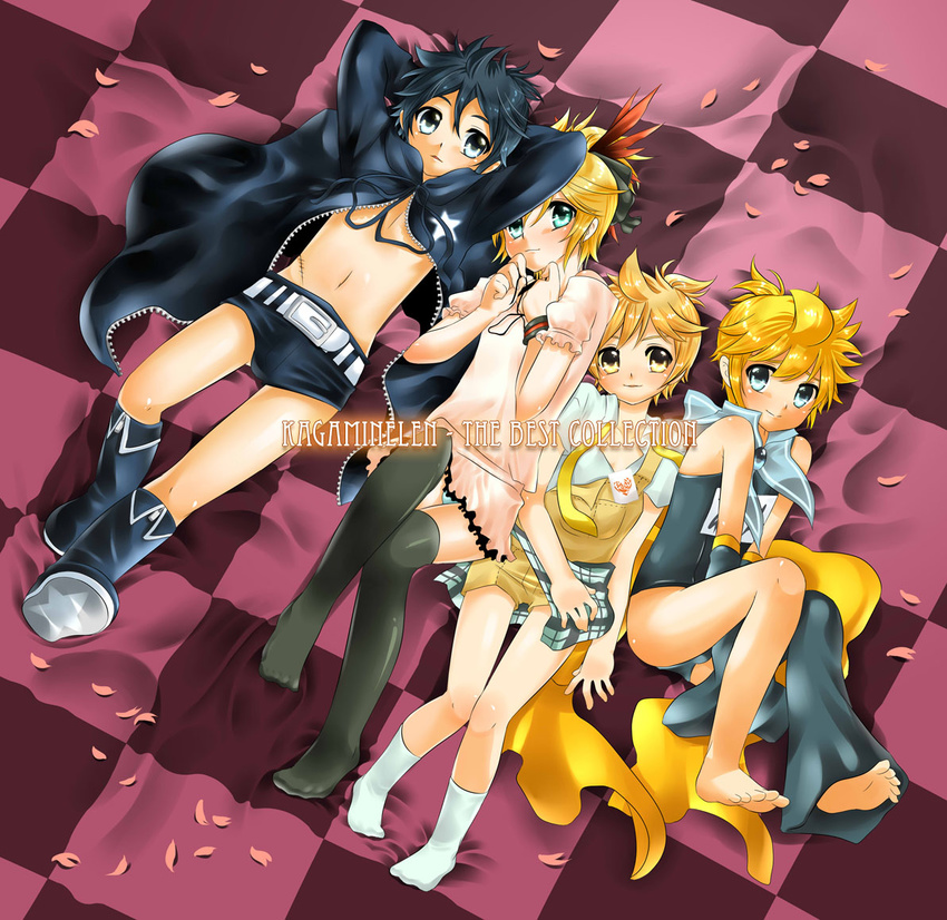 4boys barefoot black_hair black_rock_shooter blonde_hair boots checkers child coat crossdress crossdressing footwear kagamine_len kagamine_len_no_bousou_(vocaloid) lying male male_focus multiple_boys o-mars pantyhose petals shorts shota socks tights time_paradox trap vocaloid