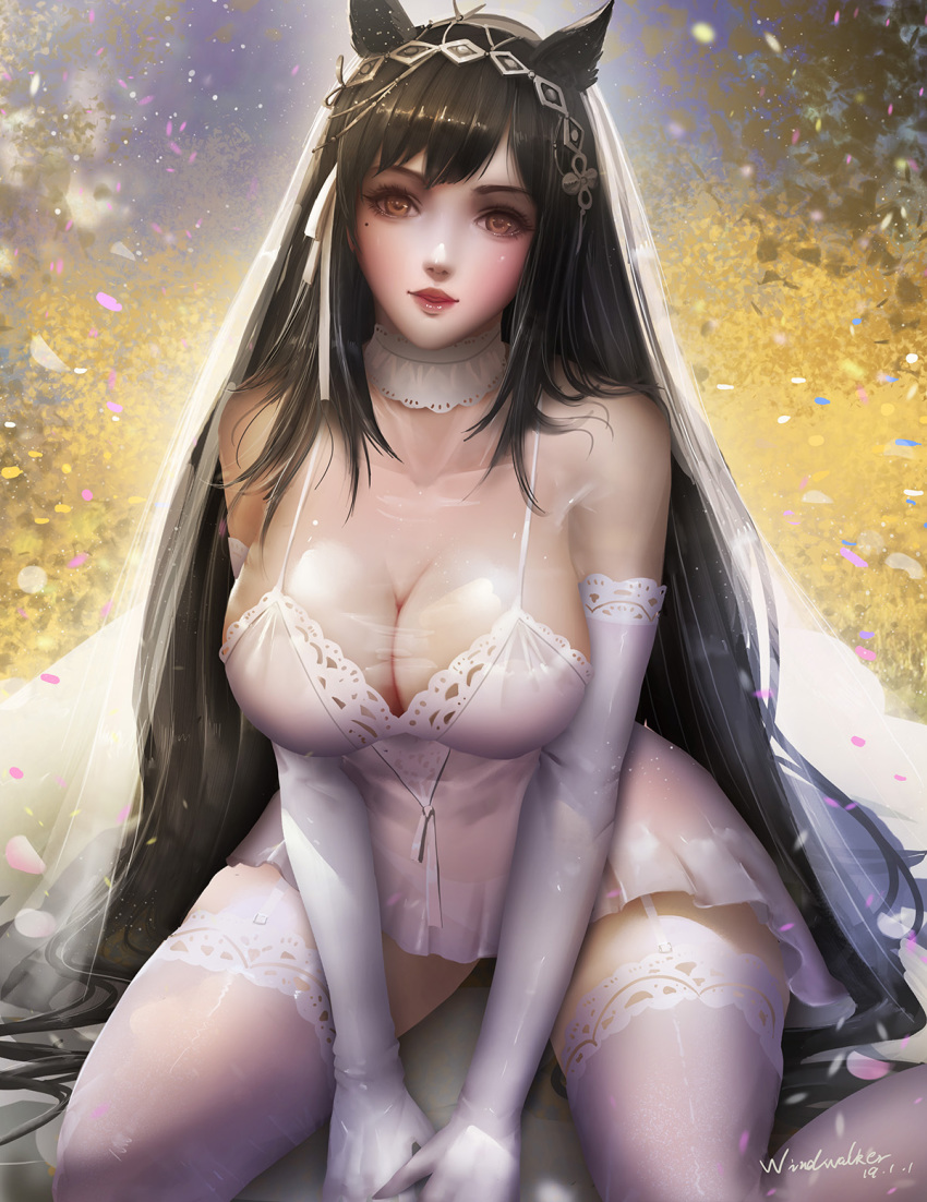 1girl animal_ears atago_(azur_lane) azur_lane bangs between_legs black_hair blush breasts bridal_gauntlets bridal_veil bride brown_eyes cleavage closed_mouth confetti dated dress expressions extra_ears eyebrows_visible_through_hair garter_straps gloves hair_ribbon hand_between_legs head_tilt high_heels highres jewelry kaze_no_gyouja large_breasts long_hair looking_at_viewer mole mole_under_eye open_mouth petals ribbon ring signature sitting smile solo swept_bangs taut_clothes taut_dress thighhighs veil very_long_hair wedding_band wedding_dress white_dress white_footwear white_gloves white_legwear white_ribbon yokozuwari