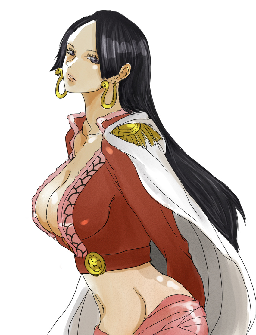 1girl amazon amazon_lily black_hair boa_hancock breasts cape cleavage earrings female highres jacket jewelry long_hair looking_at_viewer navel one_piece red_jacket red_shirt sash shichibukai shirt simple_background solo white_background