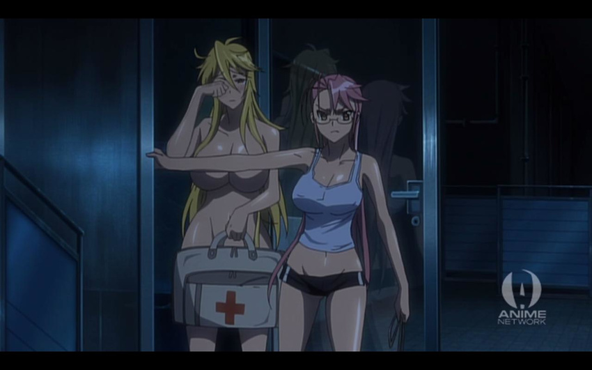 blonde_hair cap highschool_of_the_dead huge_breasts marikawa_shizuka pink_hair short_shorts tagme takagi_saya