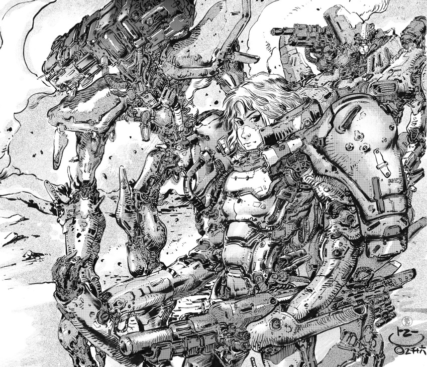 1980s_(style) 1girl cable cloud concept_art cyberpunk damaged debris desert dirty dragon's_heaven dust elmedain energy_cannon english_commentary highres ikuuru ink_(medium) long_hair looking_at_viewer machinery mecha moebius_(style) monochrome power_armor power_suit retro_artstyle robot scan science_fiction shaian_(robot) shoulder_cannon signature smoke tonikoro traditional_media western_comics_(style)