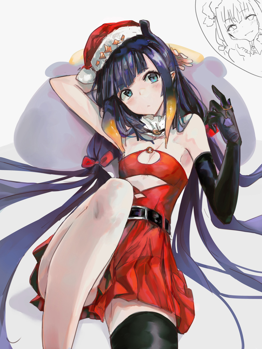 1girl adapted_costume bangs belt black_belt black_choker black_gloves black_hair black_thighhighs blue_eyes blunt_bangs bow breasts choker cleavage_cutout clothing_cutout cutout_above_navel dress elbow_gloves fur-trimmed_headwear gloves gradient_hair hair_bow hat highres hololive hololive_english keychain keyring knee_up long_hair looking_at_viewer lying mole mole_under_eye multicolored_hair ninomae_ina'nis on_back orange_hair red_bow red_headwear santa_dress santa_hat short_dress single_elbow_glove single_thighhigh small_breasts solo strapless strapless_dress takodachi_(ninomae_ina'nis) tallgeese_(lgeesel) tentacle_hair thighhighs tube_dress very_long_hair virtual_youtuber